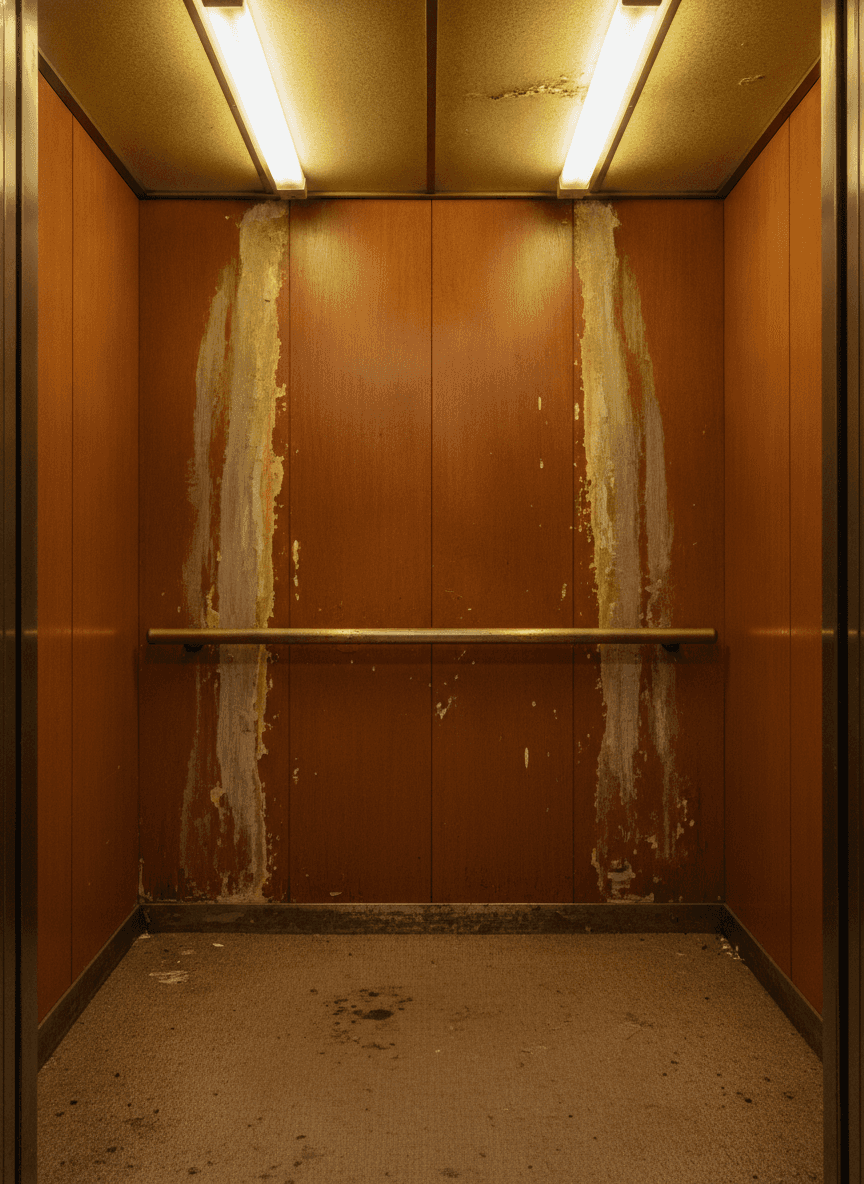 Dated elevator cab with faded wood veneer before renovation