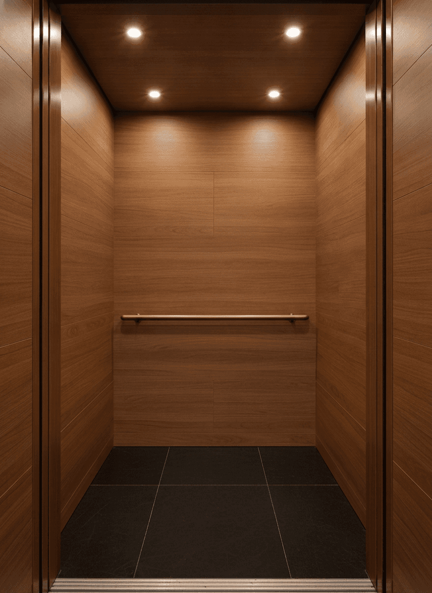 Same elevator cab after renovation with warm teak wood-grain architectural film