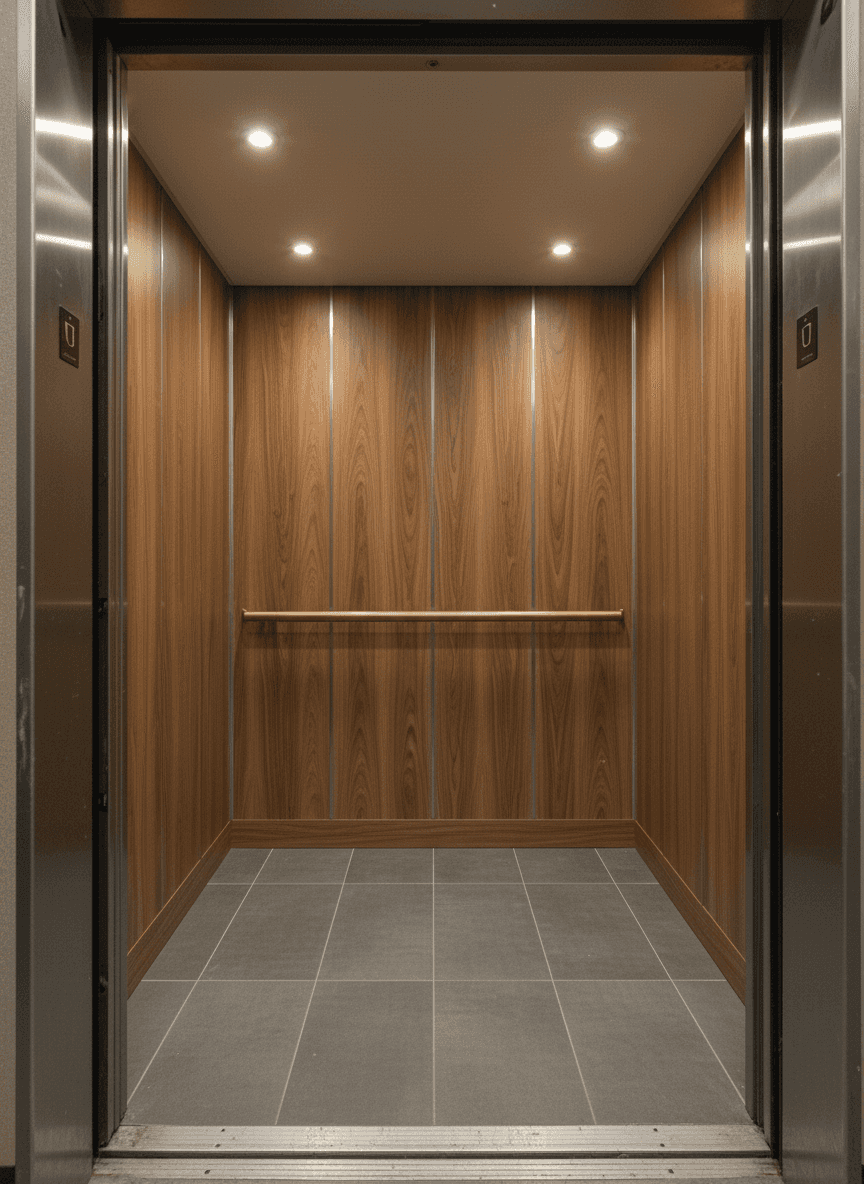 Same elevator cab after renovation with walnut wood-grain architectural wrap