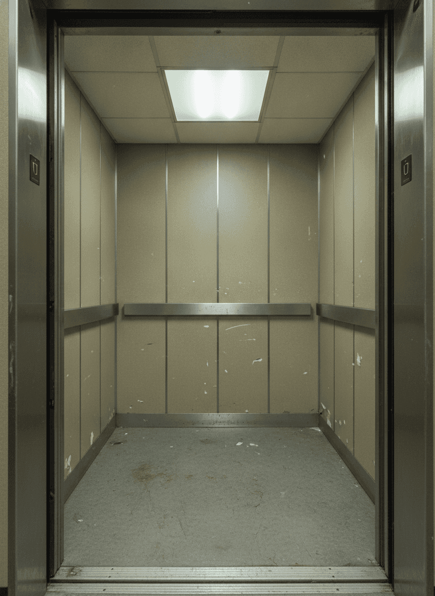 Worn elevator cab with scuffed beige laminate panels before renovation