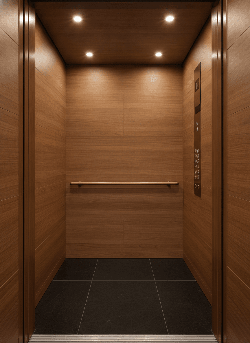 Luxury elevator cab interior renovated with marble-look and white oak architectural finishes